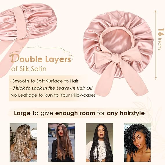 Luxury Non-Slip Satin Bonnet with Adjustable Tie Band – Double-Layer Hair Protection for Edges, Curls & Wigs